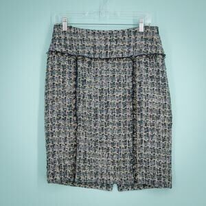 Brooks Brothers Size 4 Blue Tweed Boucle Fringe Zip Pencil Straight Lined Skirt